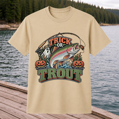 Trick or Trout Rainbow Trout Ghost and Pumpkins Halloween Fishing T-Shirt
