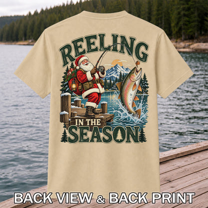 Reeling in the Season Santa Fishing for Rainbow Trout Christmas T-Shirt | Back Print