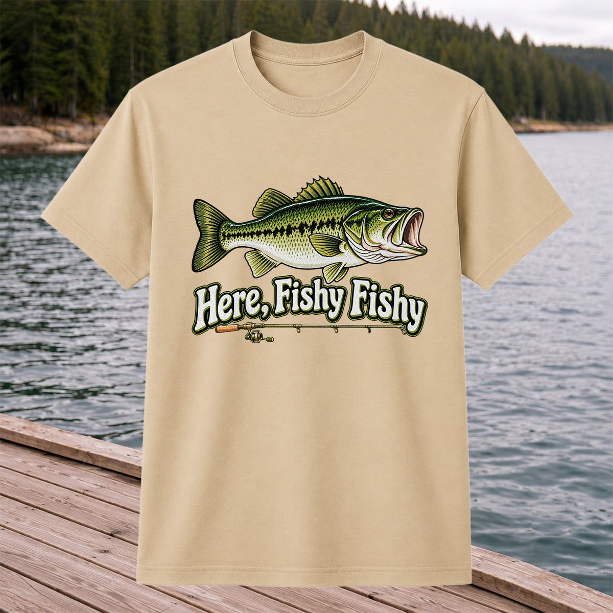 Here Fishy Fishy Funny Largemouth Bass Fishing Graphic T-Shirt