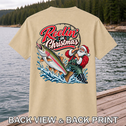 Reelin' in Christmas Santa Rainbow Trout Fishing T-Shirt | Back Print