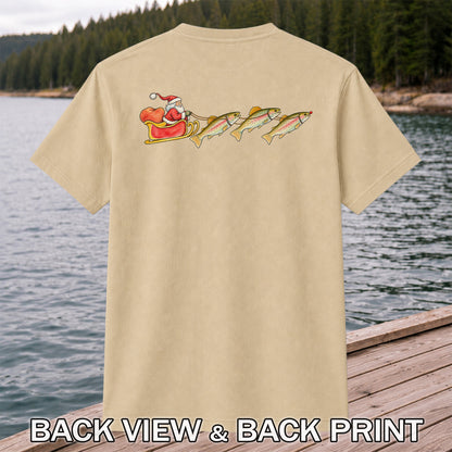 Santa Sleigh Pulling Rainbow Trout Fishing Graphic T-Shirt | Back Print