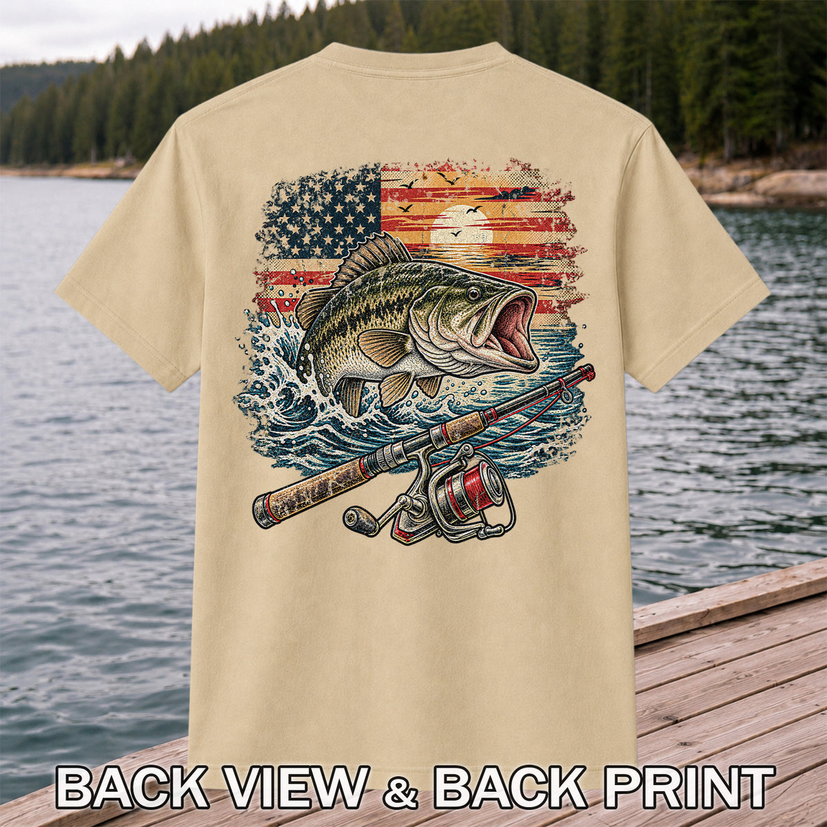 American Flag Largemouth Bass Fishing Graphic T-Shirt | Back Print