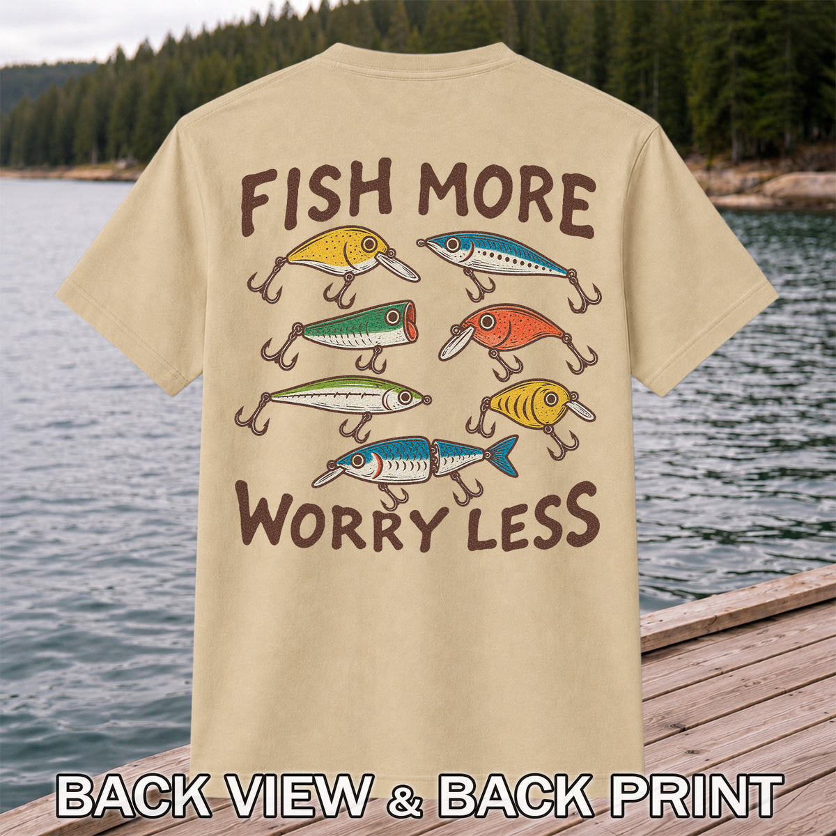 Colorful Fishing Lures and Hooks Graphic T-Shirt | Back Print
