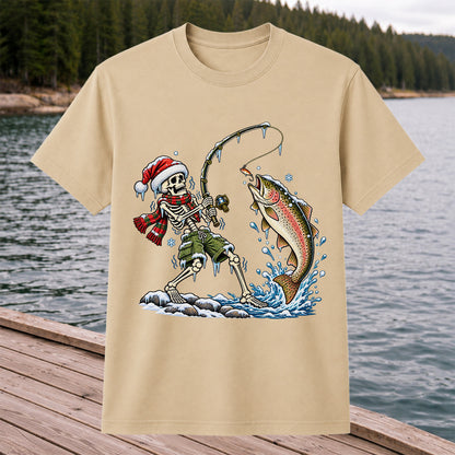 Christmas Skeleton Angler Catching a Rainbow Trout Fishing T-Shirt