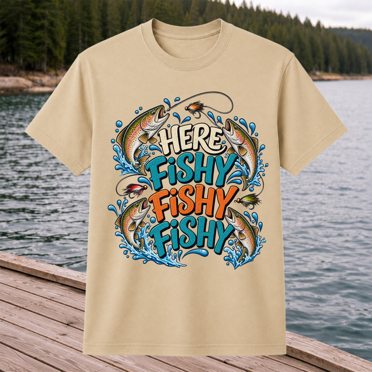 Here Fishy Fishy Fishy Rainbow Trout Funny Fly Fishing T-Shirt