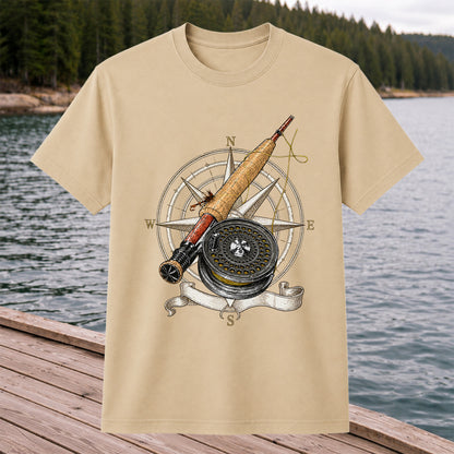 Vintage Fly Fishing Rod Reel and Compass Graphic T-Shirt