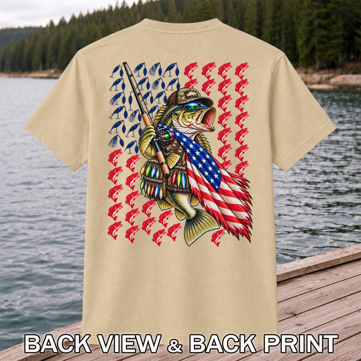 Patriotic Bass Fishing Graphic T-Shirt with American Flag Design | Back Print
