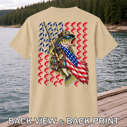 Patriotic Bass Fishing Graphic T-Shirt with American Flag Design | Back Print