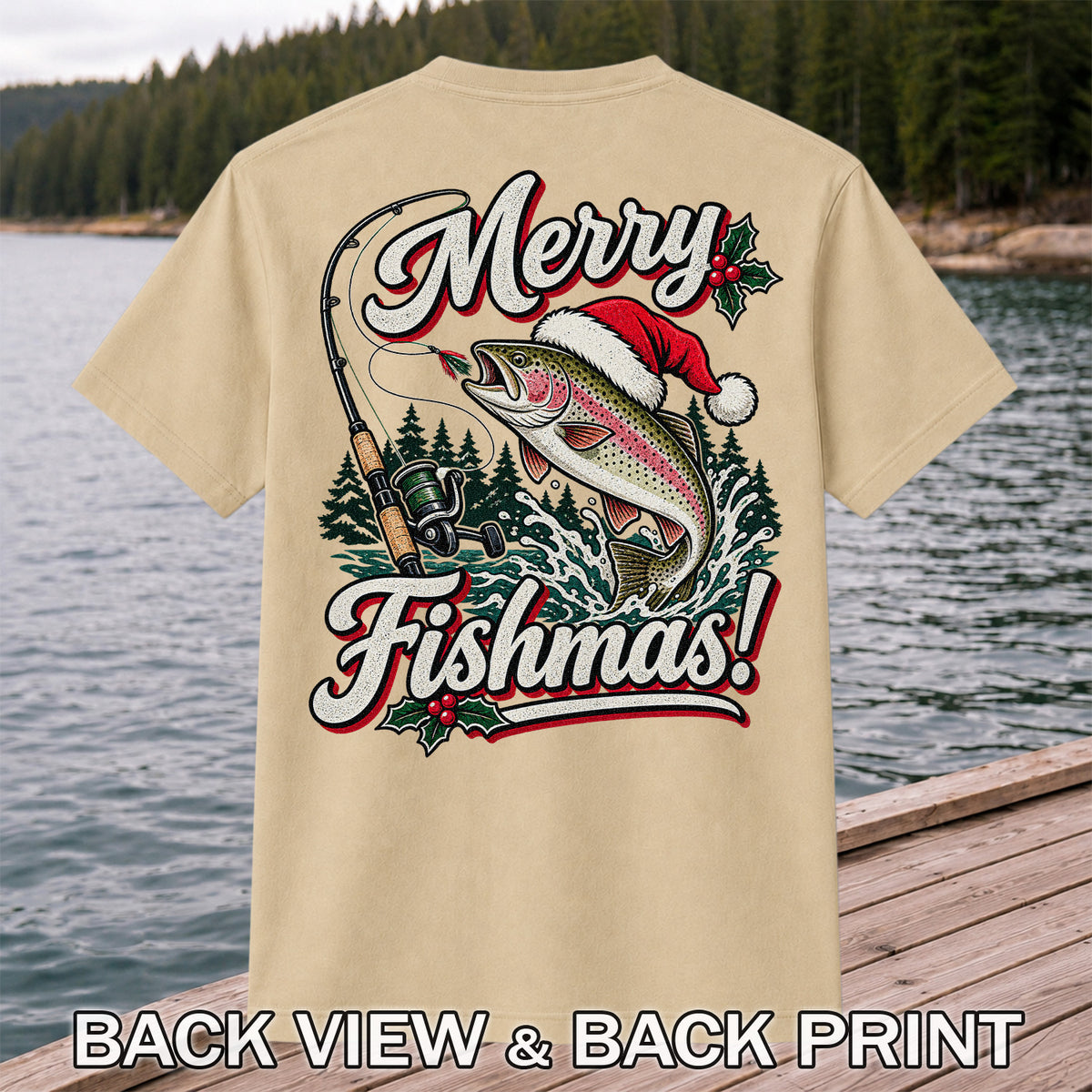 Merry Fishmas Rainbow Trout in Santa Hat Christmas Fishing T-Shirt, Trout Fishing | Back Print