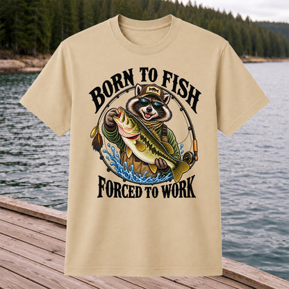 Born to Fish Forced to Work Raccoon Bass Graphic T-Shirt