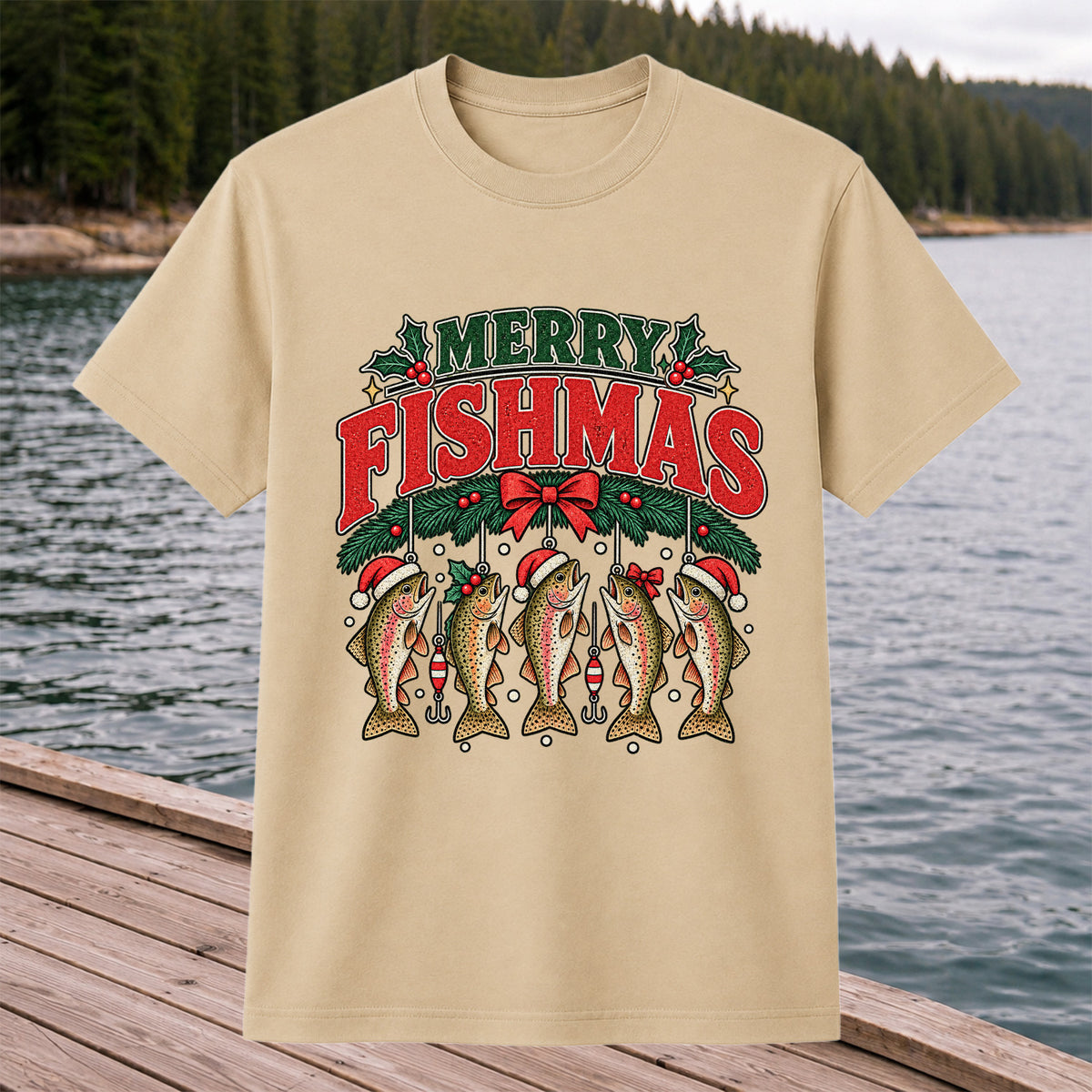 Merry Fishmas Christmas Rainbow Trout Fishing T-Shirt