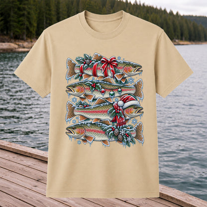 Festive Rainbow Trout Christmas Fishing Graphic T-Shirt