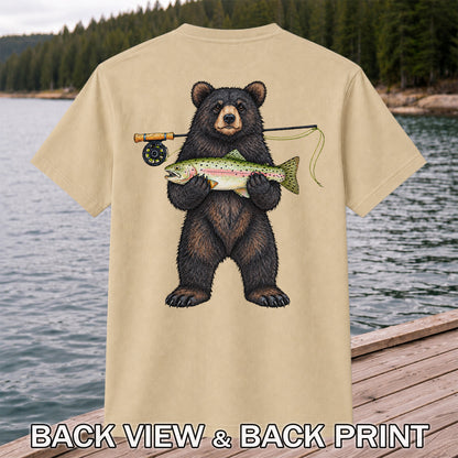 Black Bear Holding Rainbow Trout Fly Fishing Graphic T-Shirt | Back Print
