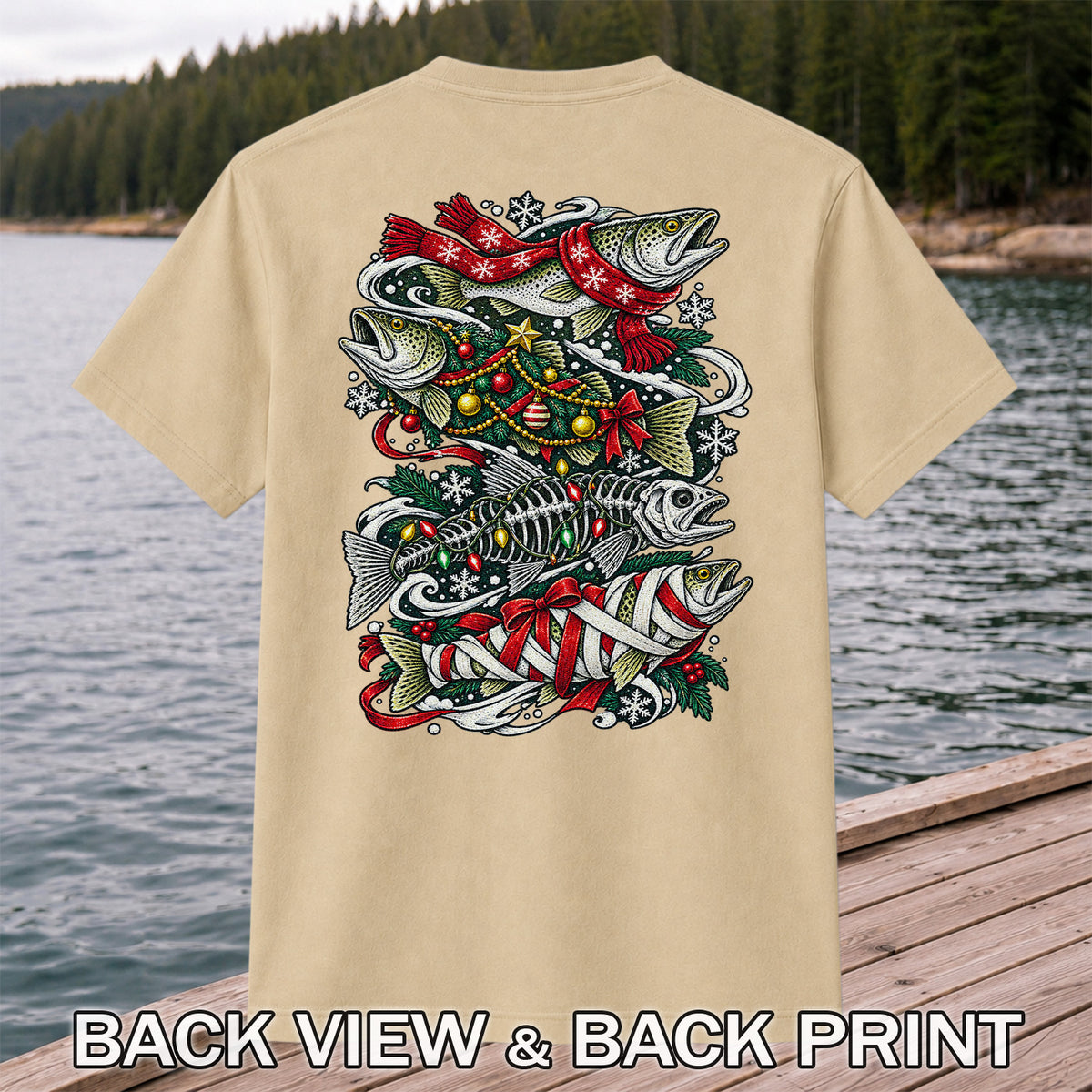 Christmas Trout and Fish Skeleton Holiday Fishing T-Shirt | Back Print