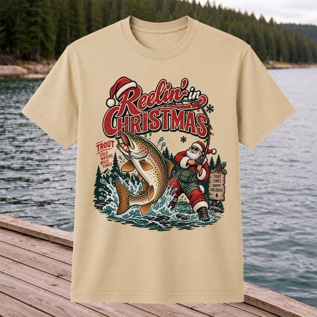 Reelin' in Christmas Santa and Rainbow Trout Fishing T-Shirt