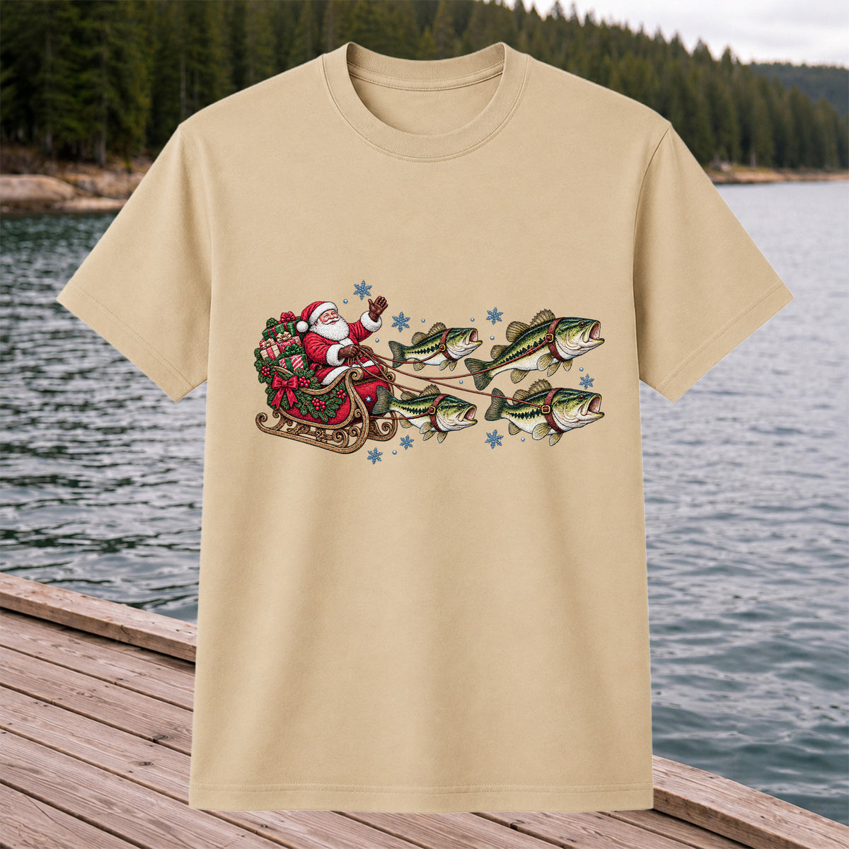 Santa in a Sleigh Pulled by Bass Christmas Fishing Graphic T-Shirt