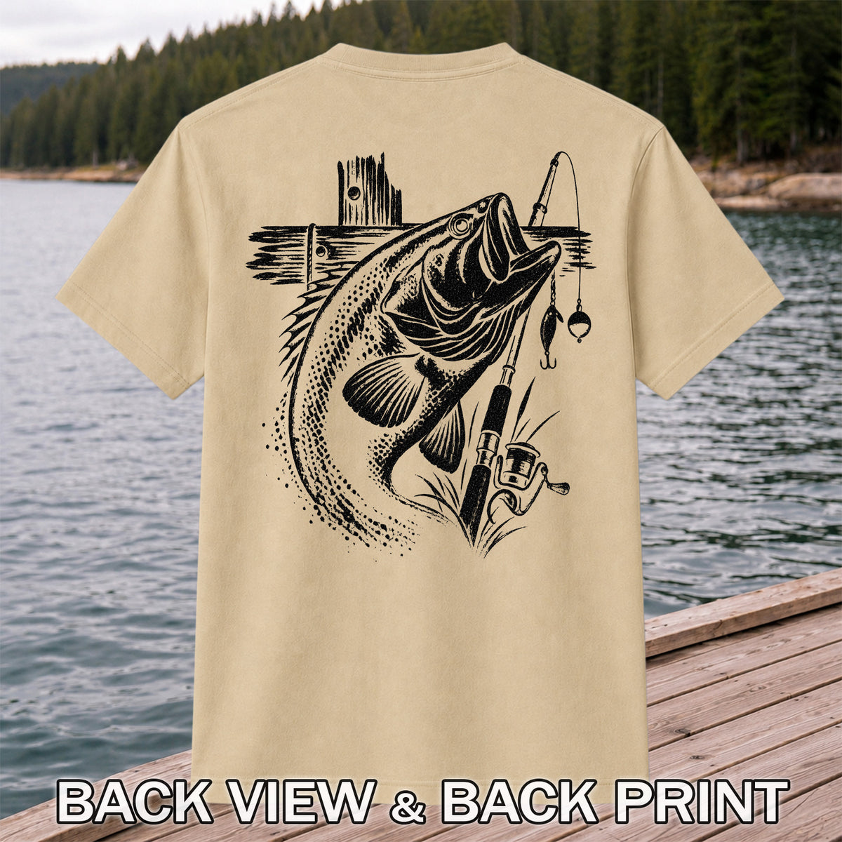 Largemouth Bass Fishing Rod Vintage Graphic T-Shirt | Back Print