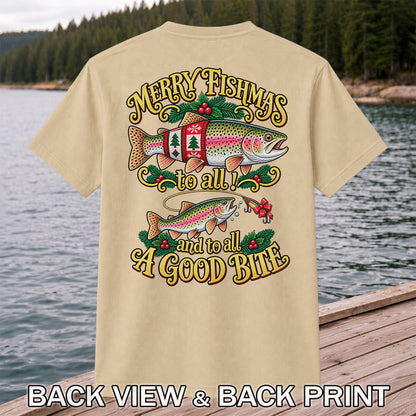 Merry Fishmas to All and to All a Good Bite Rainbow Trout Christmas Fishing T-Shirt | Back Print