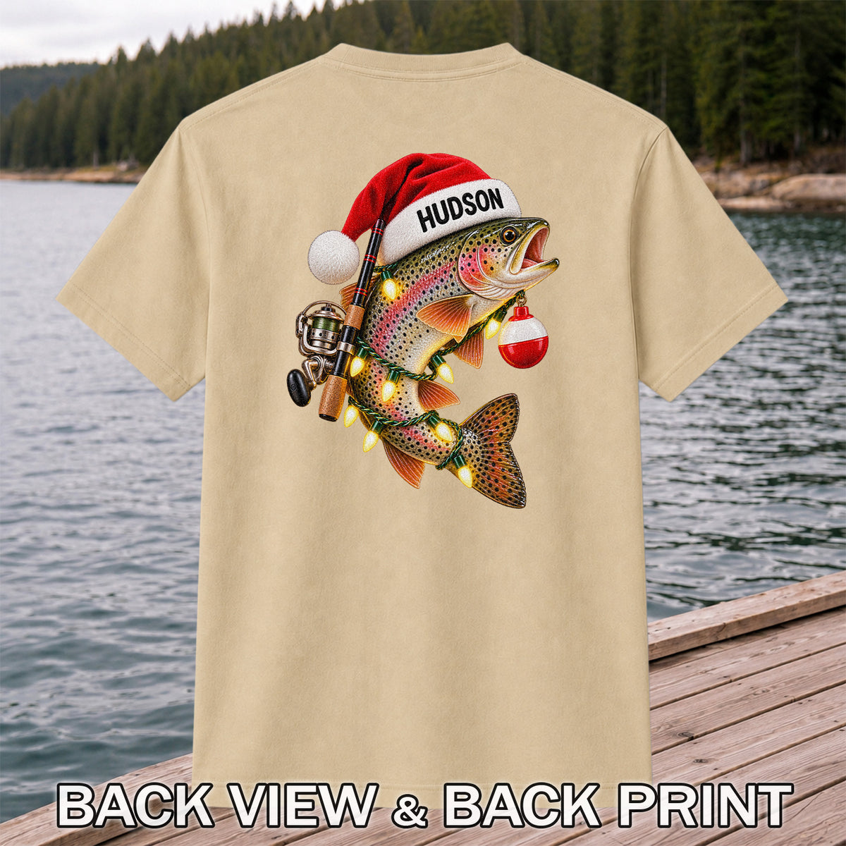 Hudson Santa Hat Rainbow Trout Christmas Fishing T-Shirt | Back Print