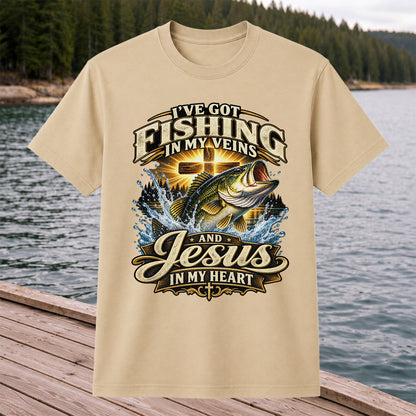 I've Got Fishing in My Veins and Jesus in My Heart Bass and Cross T-Shirt