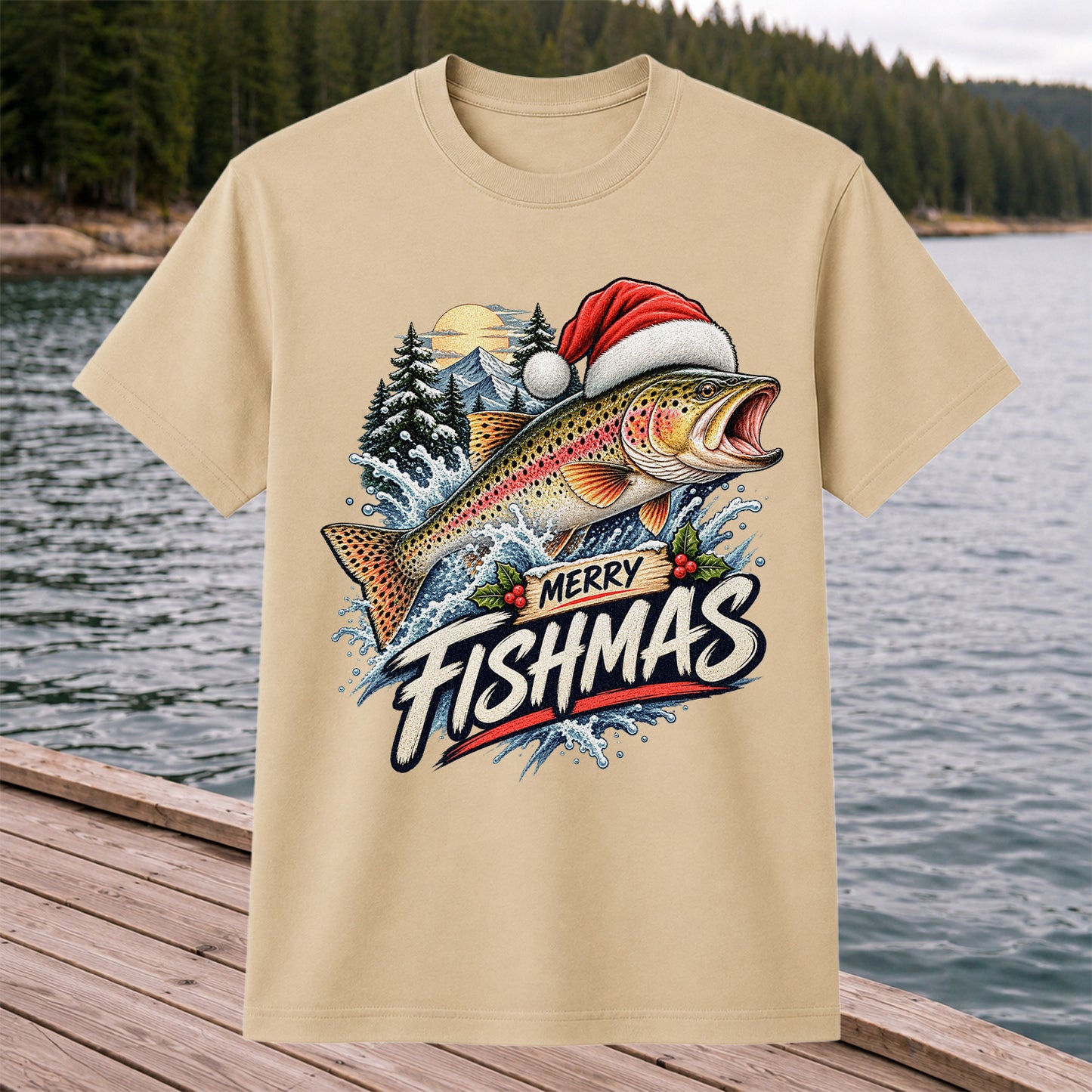 Merry Fishmas Santa Hat Rainbow Trout Fishing Graphic T-Shirt