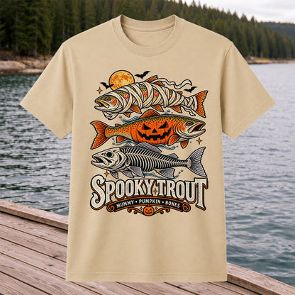 Spooky Trout Mummy Pumpkin Bones Halloween Fishing T-Shirt