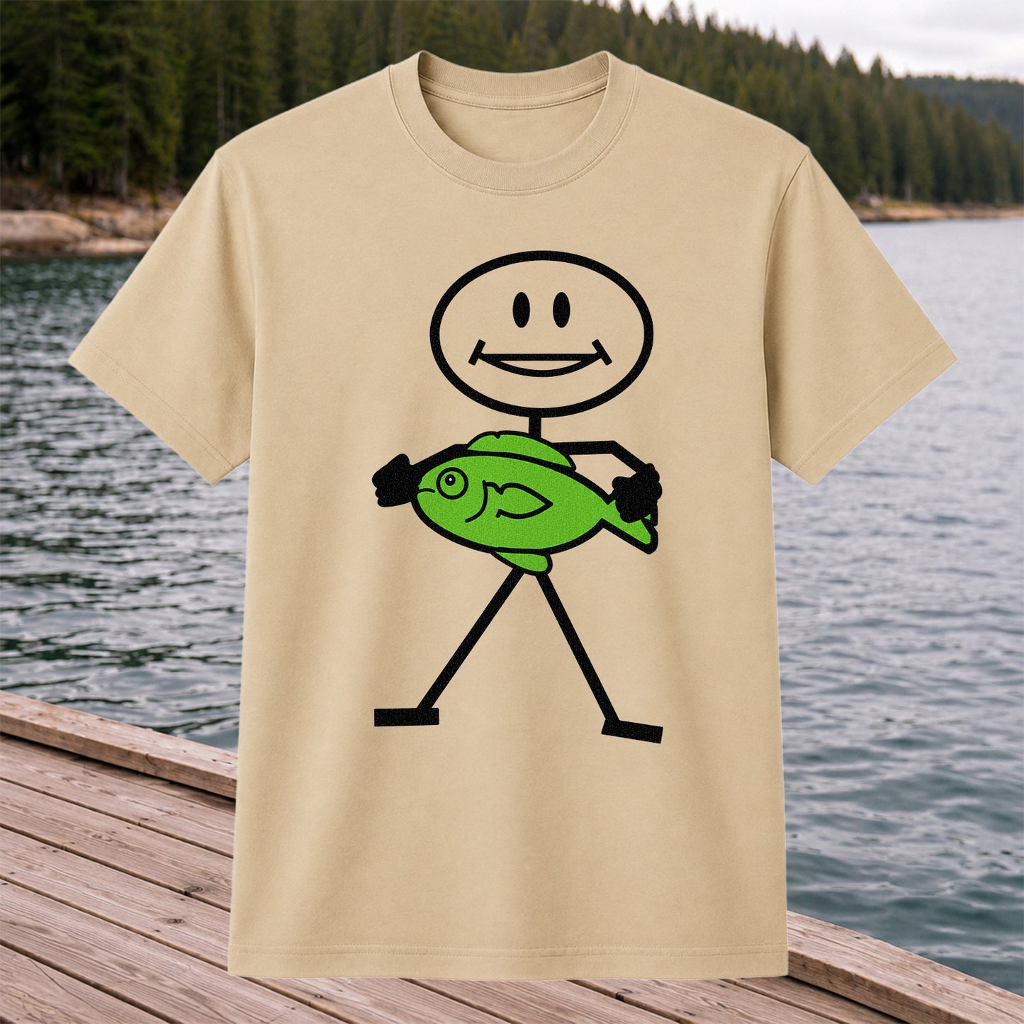 Happy Stick Figure Holding a Green Fish Graphic T-Shirt