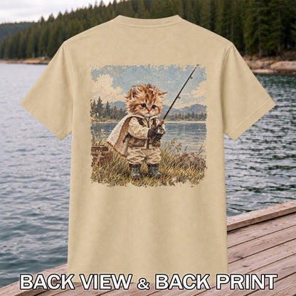 Vintage Kitten Fishing by the Lake Cute Cat Graphic T-Shirt | Back Print