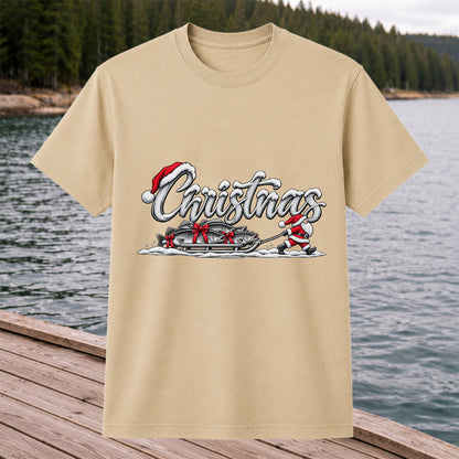 Christmas Santa Pulling Trout Fishing Sled Graphic T-Shirt