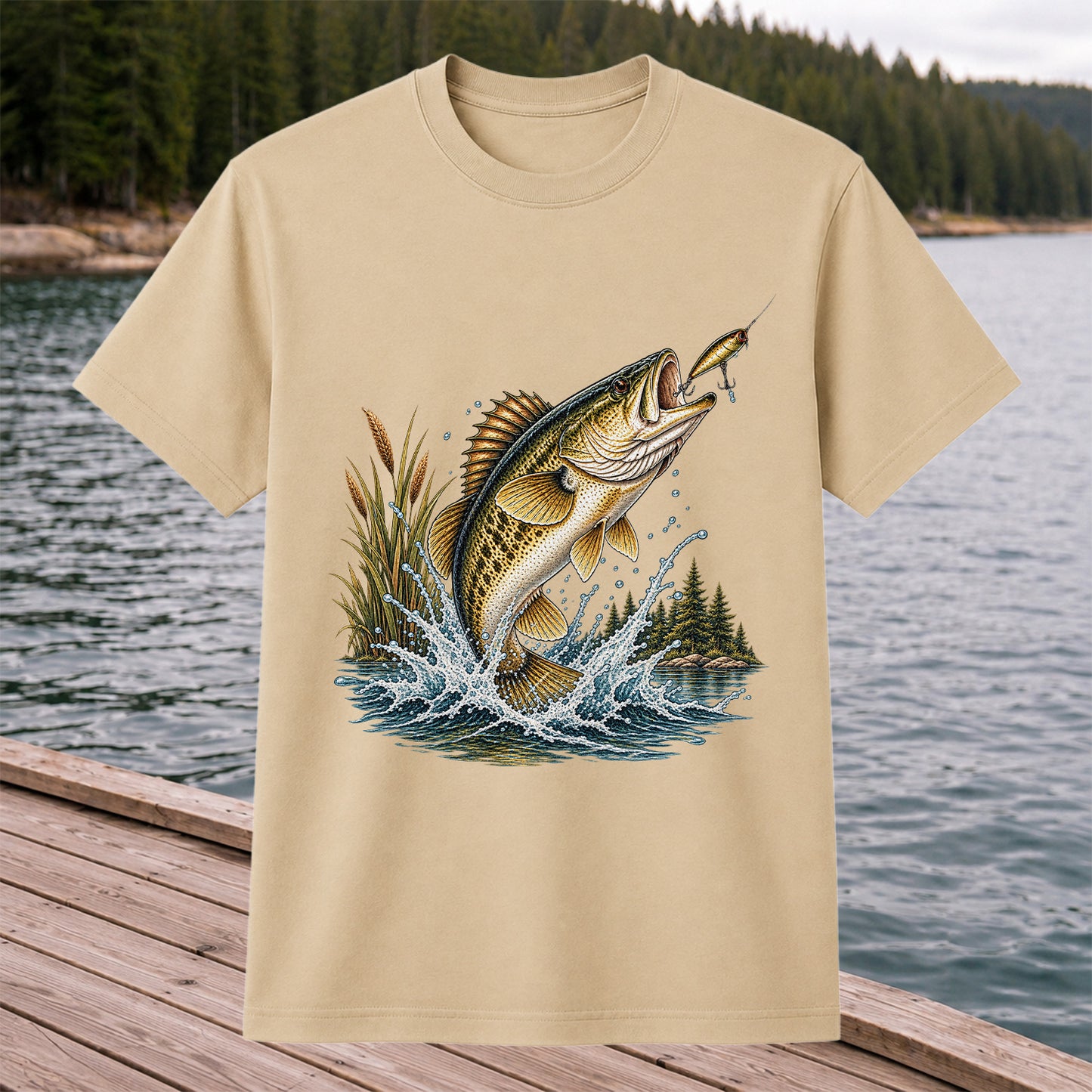 Jumping Bass Chasing a Lure Lake Fishing Graphic T-Shirt