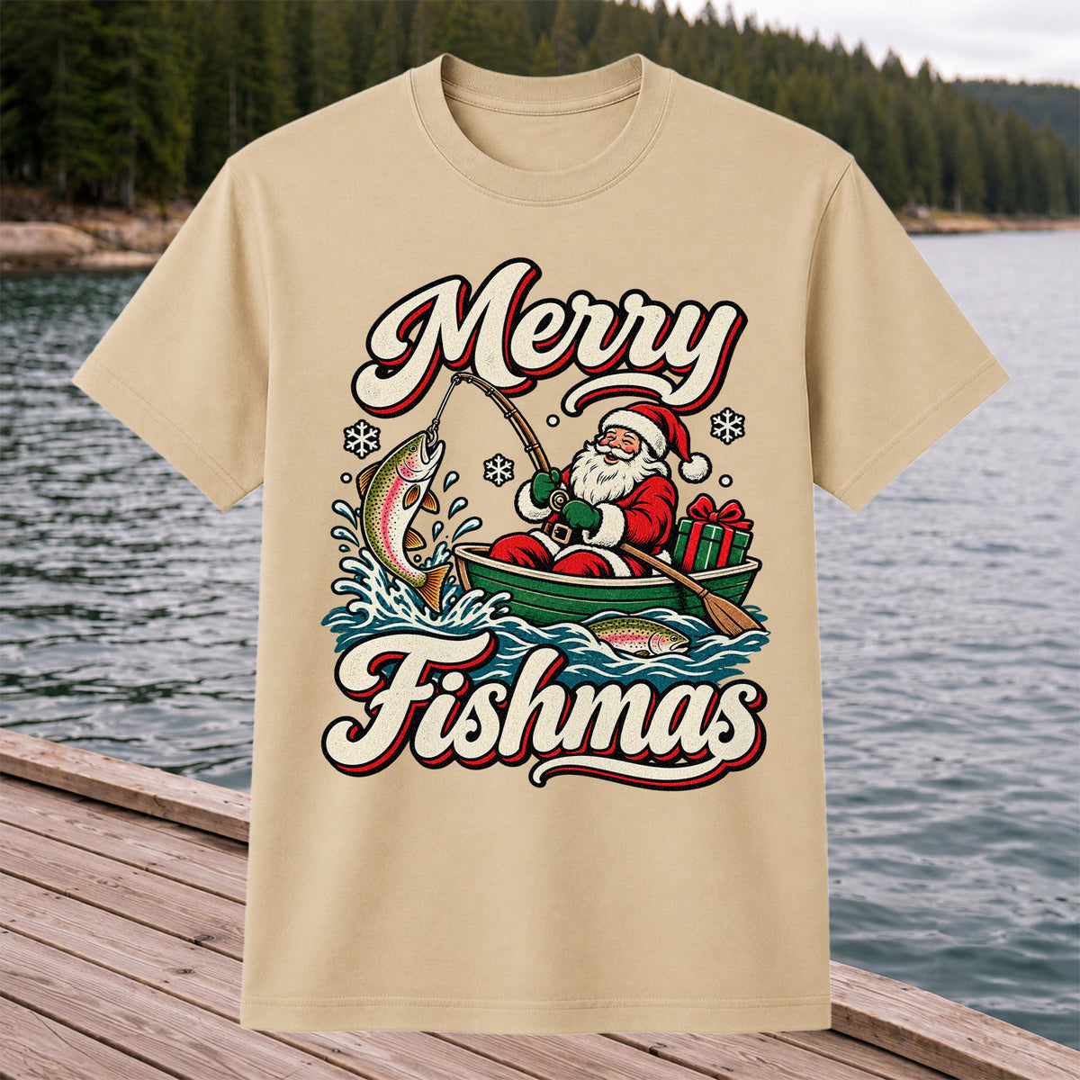 Merry Fishmas Santa Catching Rainbow Trout in a Boat Fishing T-Shirt
