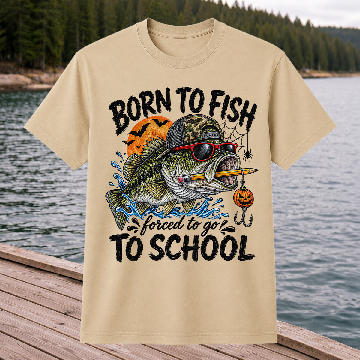 Born to Fish Forced to Go to School Halloween Bass Fishing T-Shirt
