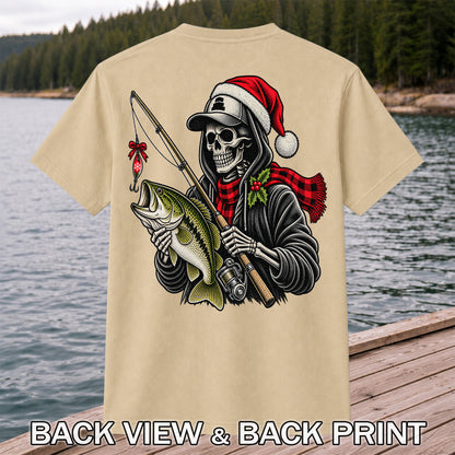 Christmas Skeleton Angler with Santa Hat and Bass Fishing T-Shirt | Back Print