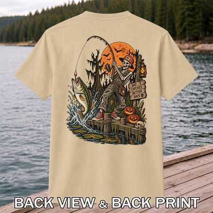 Bad Catches Better Days Skeleton and Bass Halloween Fishing T-Shirt | Back Print