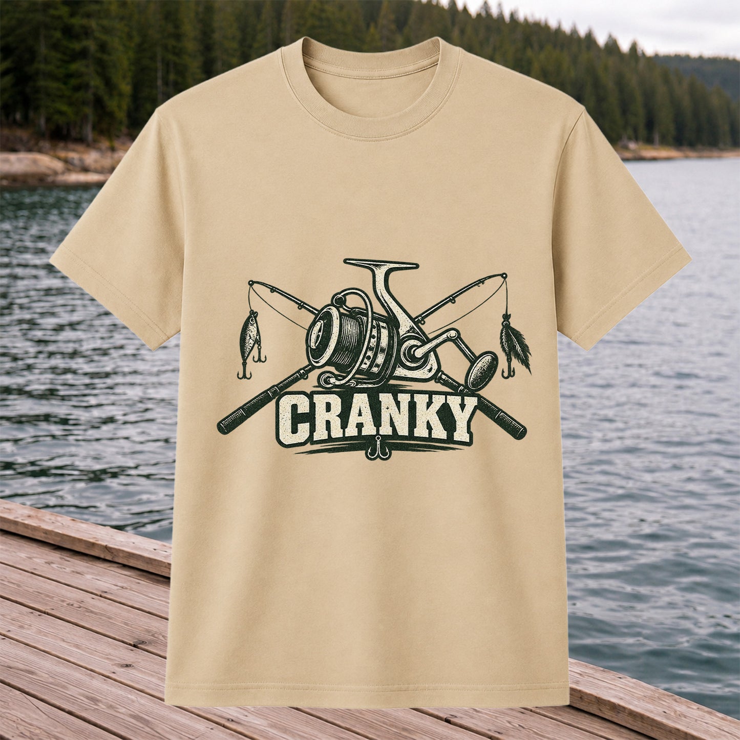 Cranky Fishing Reel and Crossed Rods Graphic T-Shirt