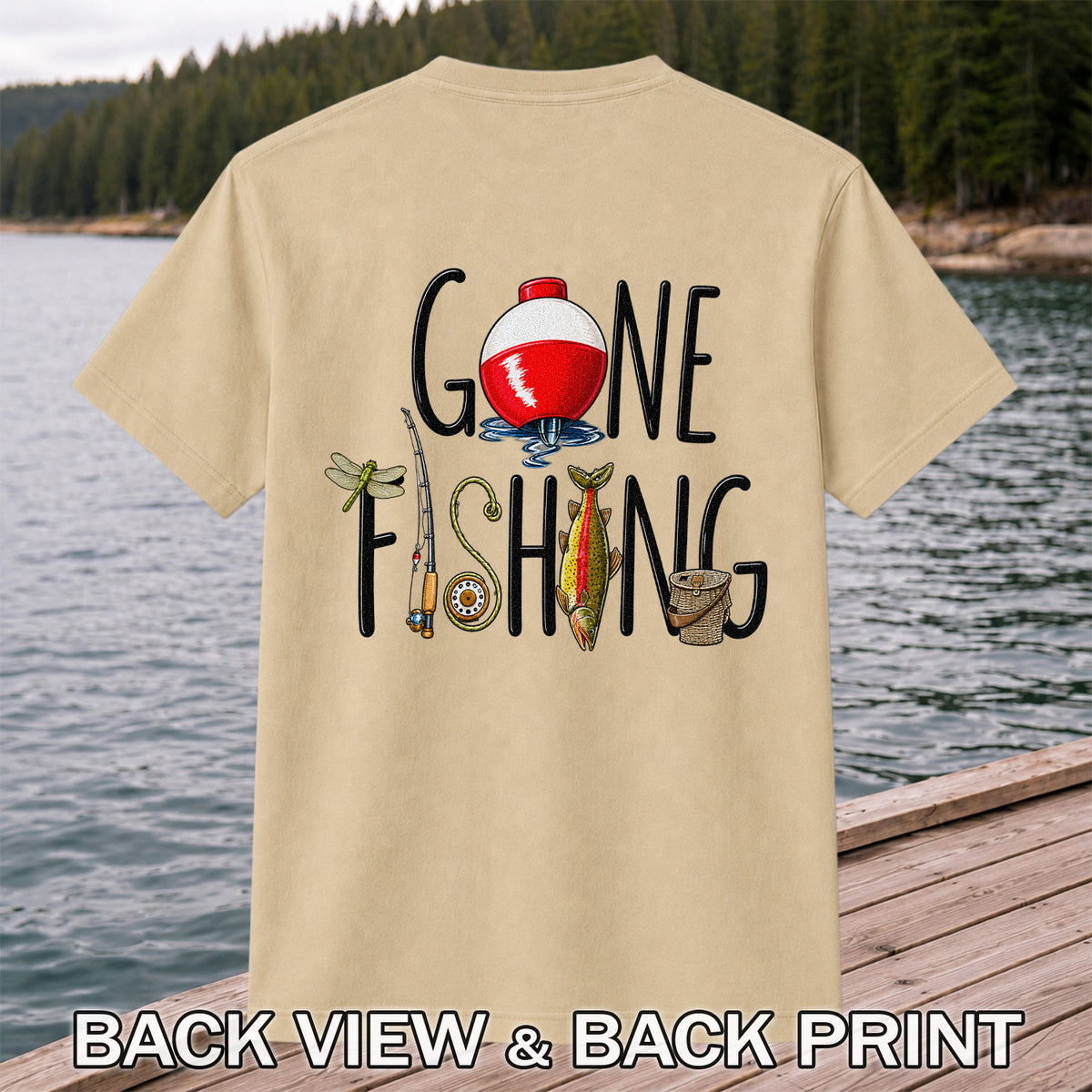 Gone Fishing Trout, Bobber and Fly Rod Graphic T-Shirt | Back Print