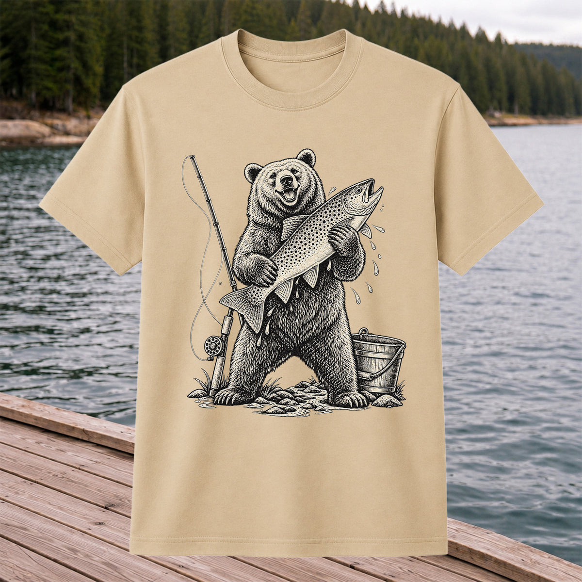 Bear Holding Trout Fishing Graphic T-Shirt