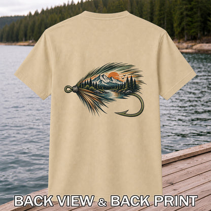 Mountain Lake Fly Fishing Hook Graphic T-Shirt | Back Print