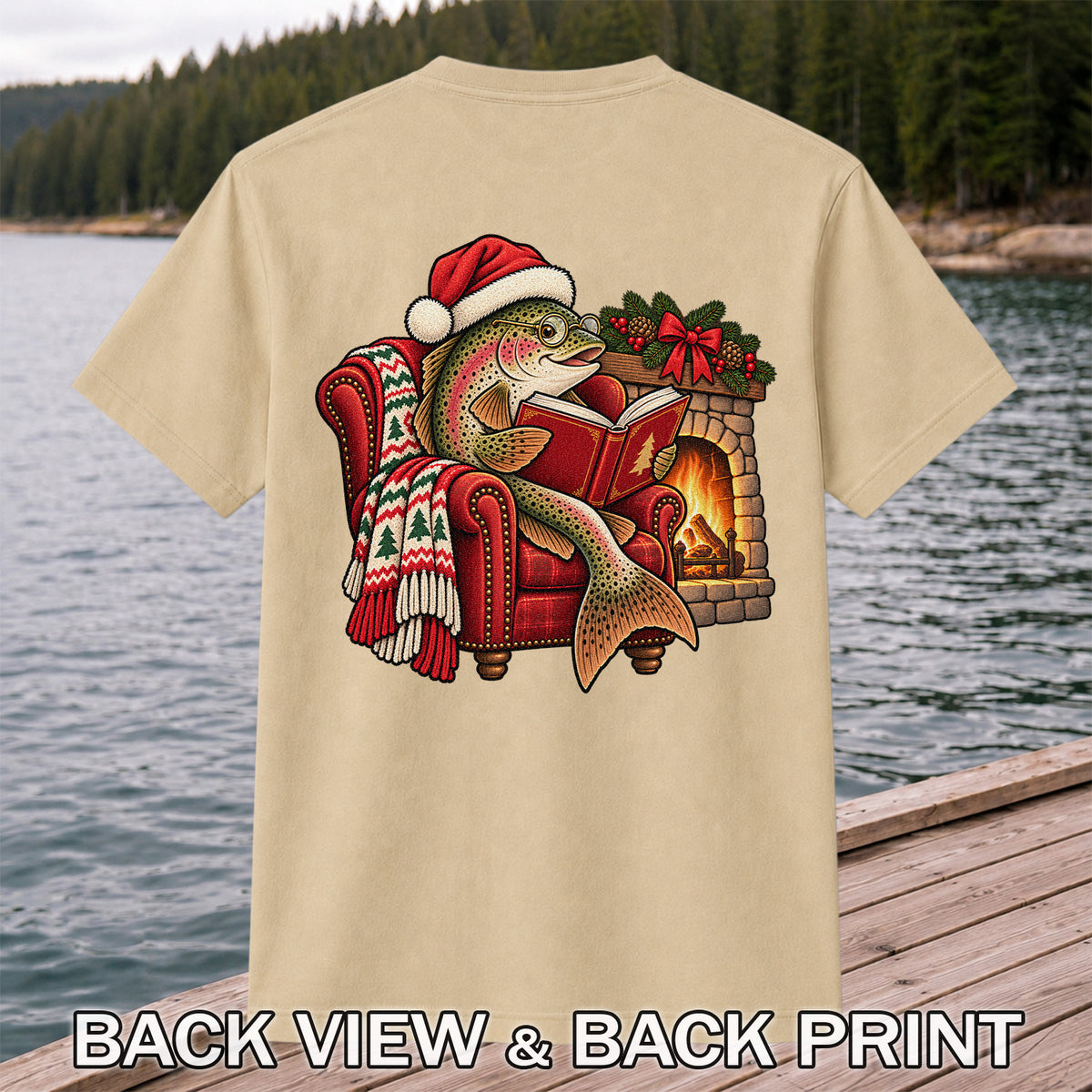 Christmas Trout Reading by the Fireplace Fishing T-Shirt | Back Print
