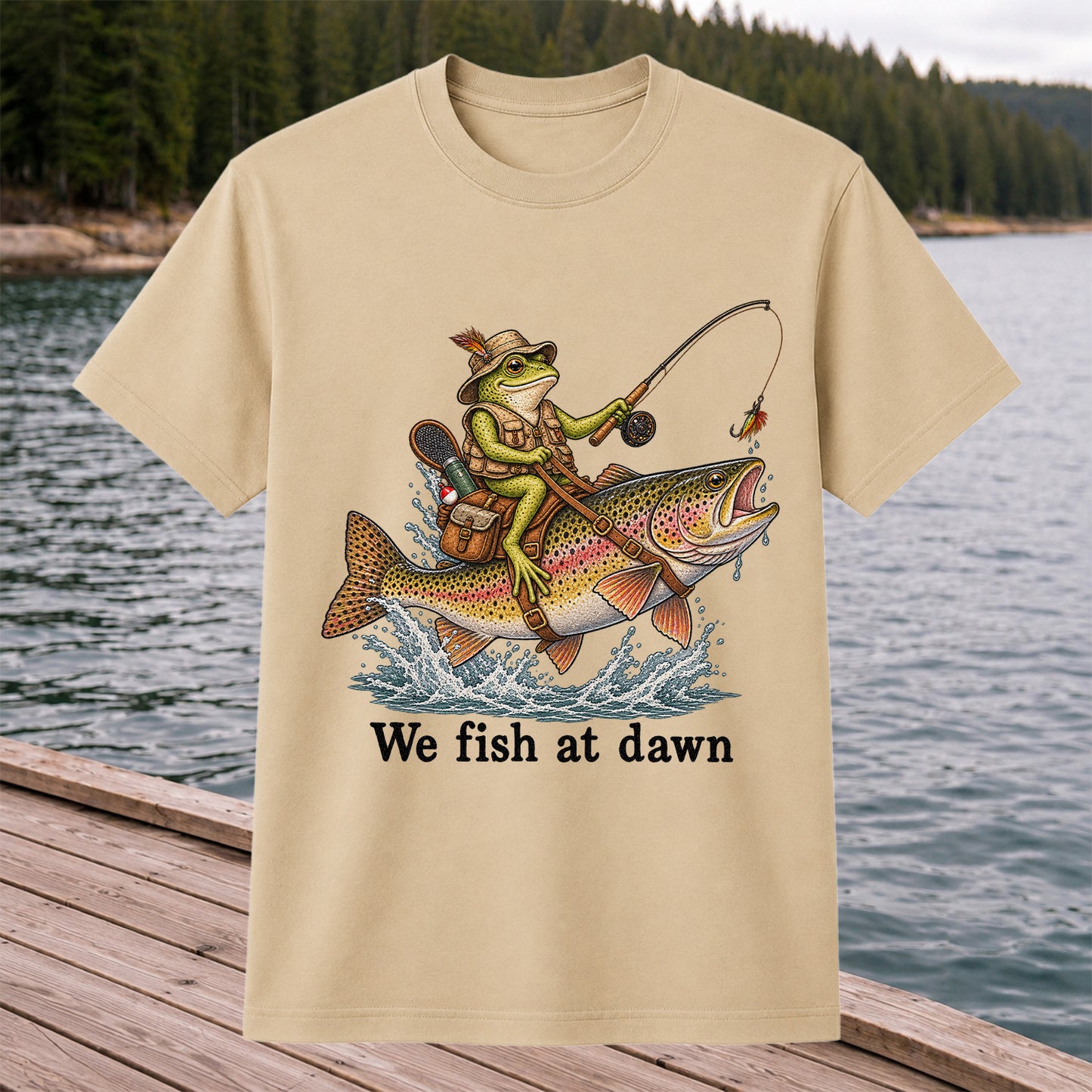 We Fish at Dawn Frog Riding a Rainbow Trout Funny Fishing T-Shirt