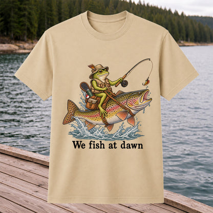 We Fish at Dawn Frog Riding a Rainbow Trout Funny Fishing T-Shirt
