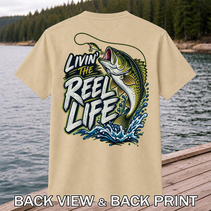Livin' the Reel Life Jumping Bass Fishing Graphic T-Shirt | Back Print