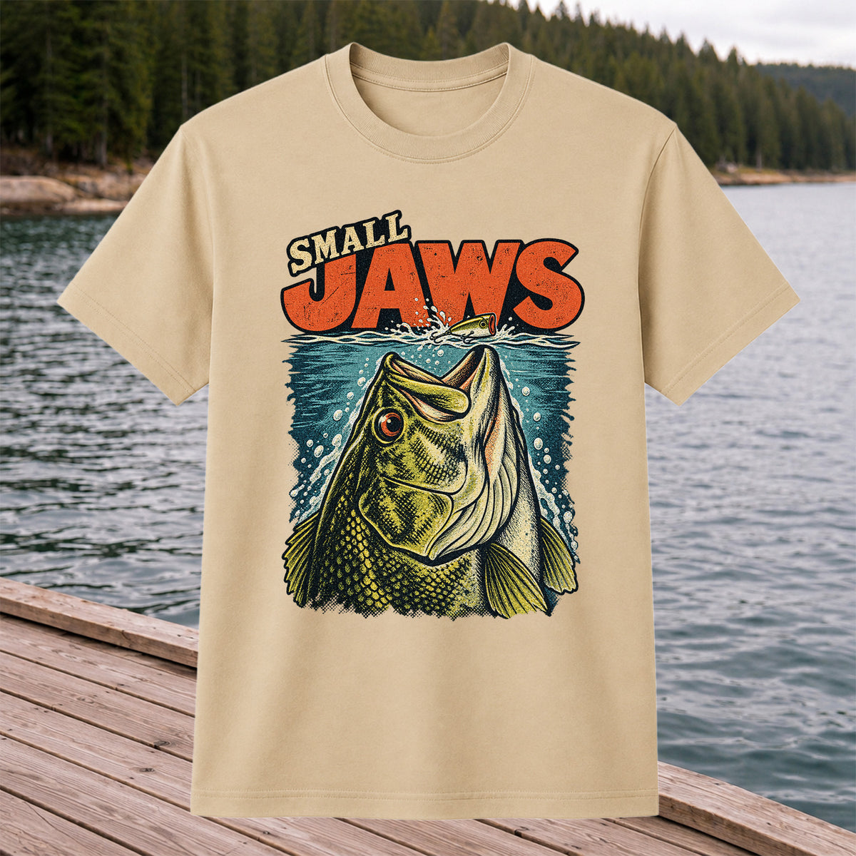 Small Jaws Bass Chasing a Fishing Lure Retro Graphic T-Shirt