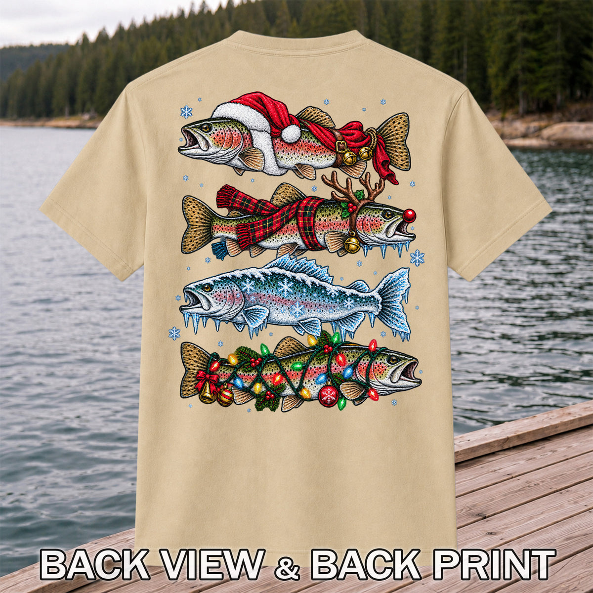 Christmas Rainbow Trout Holiday Fishing Graphic T-Shirt | Back Print