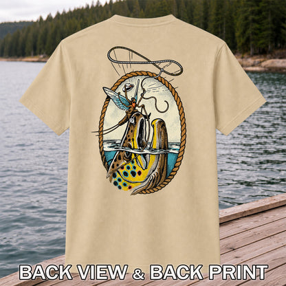 Cowboy Mayfly Riding a Trout Western Fly Fishing Graphic T-Shirt | Back Print