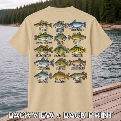 Bass Crappie and Catfish Freshwater Fish Chart Graphic T-Shirt | Back Print