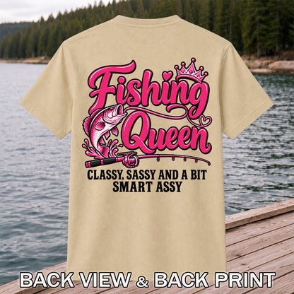 Fishing Queen Classy Sassy and a Bit Smart Assy Bass and Fishing Rod T-Shirt | Back Print