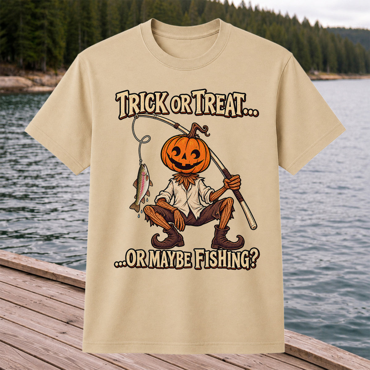 Trick or Treat Or Maybe Fishing Pumpkin Angler with Trout Halloween T-Shirt
