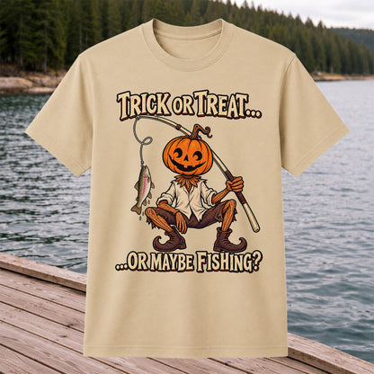 Trick or Treat Or Maybe Fishing Pumpkin Angler with Trout Halloween T-Shirt