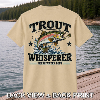 Trout Whisperer Fresh Water Dept Rainbow Tee, Trout Fishing T-Shirt | Back Print